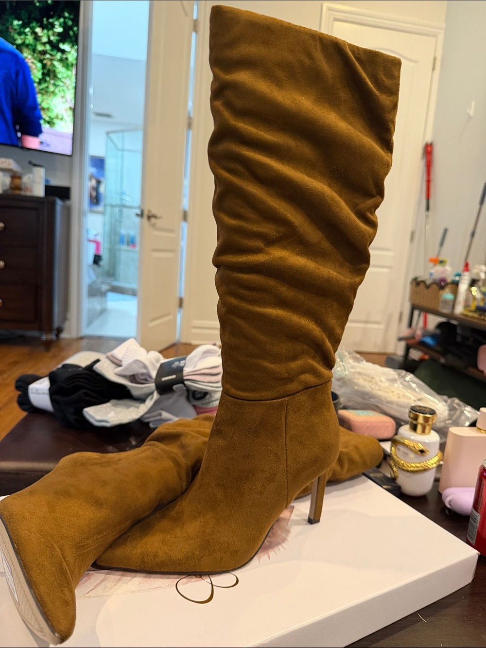 Jessica Simpson Slouchy Suede Knee-High Boots in Cognac Brown